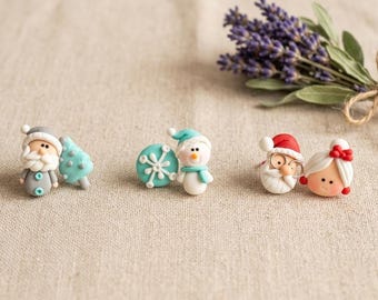Christmas Stud Earrings – Handmade Polymer Clay Santa & Christmas Tree, Cute Holiday Jewelry, Hypoallergenic Plastic Back Gift
