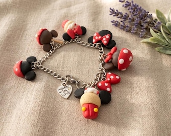 Minnie Mickey Mouse Bracelet | Disney Park Inspired Polymer Clay Charm Bracelet | Caramel Apple Cupcake Jewelry