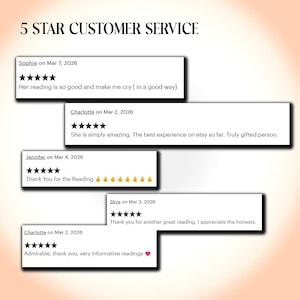 以下が含まれることがあります： 画像は、5つ星評価の顧客レビューを表示しています。「5 STAR CUSTOMER SERVICE」というテキストがあります。「Her reading is so good」や「She is simply amazing」などのコメントが含まれています。レビューは2026年3月の日付です。