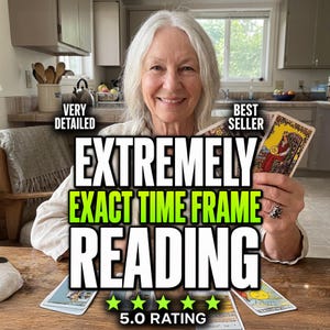May include: A tarot card reading service featuring a person holding cards with the text VERY DETAILED, BEST SELLER, EXTREMELY EXACT TIME FRAME READING, and 5.0 RATING with five green stars displayed over a wooden table with several tarot cards.