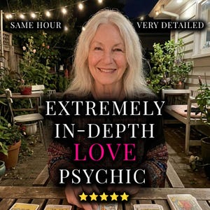 May include: A woman with long white hair smiles at the camera. The image includes the text "EXTREMELY IN-DEPTH LOVE PSYCHIC", with "SAME HOUR" and "VERY DETAILED" above her head. Five gold stars are displayed below the text. The setting appears to be outdoors.
