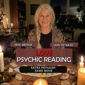 May include: An image of a woman with long gray hair smiling, with the words "LOVE PSYCHIC READING" in red text. The image also includes the text "REAL MEDIUM", "VERY DETAILED", and "EXTRA DETAILED SAME HOUR". Tarot cards and crystals are on the table.