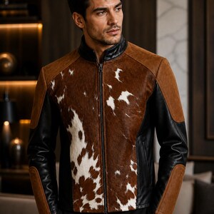 Giacca da uomo in pelle bovina marrone cioccolato fondente e nera / Giacca da motociclista in pelle con pelo / Giacca di tendenza in vera pelle bovina