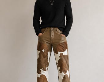 Men’s Brown Cowhide Leather Pants | Hair-On Western Leather Trousers | Genuine Cow Skin Statement Pants