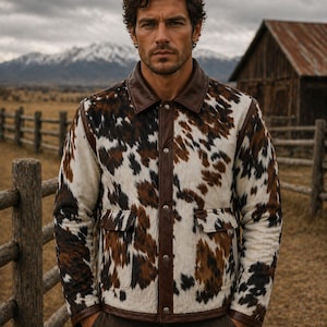 Mens Cowhide Leather Jacket Hair On Western Cowboy Brown White Button Jacket