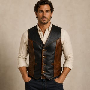 May include: A sleeveless vest featuring a color-blocked design with black leather panels on the front and brown leather side panels. The vest includes a V-neckline, four metallic buttons down the center, two side pockets, and adjustable side straps.