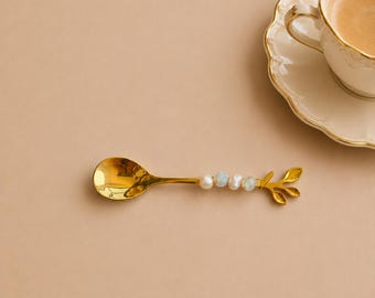 Velisse | Handmade Coffee Spoon Set | Freshwater Pearl & Agate Gold Spoons | Elegant Espresso Spoon Gift | Luxury Coffee Bar Decor