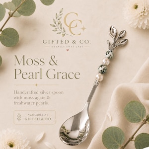 Moss and Pearl Grace | Silver Spoons Set – Handmade Tea Spoons with Moss Agate and Freshwater Pearls, Elegant Gift for Coffee or Dessert