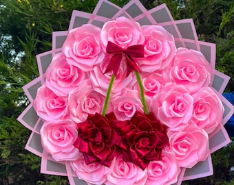 Pink Cherry Satin Ribbon Rose Bouquet, Handmade Eternal Flowers, Ramo Buchón, Coquette Aesthetic Cherry Gift for Anniversary or Birthday