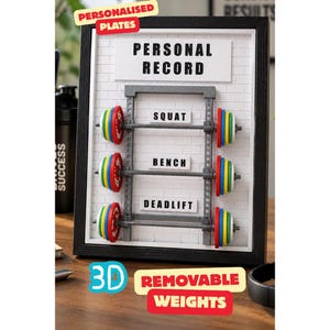 Personalisierte Gym PR-Tafel | 3D gedruckter Gewichtheber Rekord Tracker | Squat Bench Kreuzheben Anzeige mit echten Mini-Scheiben