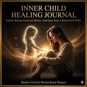 Może przedstawiać: Cyfrowa ilustracja kobiety i dziecka ze złotymi efektami świetlnymi. Tekst brzmi "INNER CHILD HEALING JOURNAL" z podtytułem: "Release Emotional Blocks • Find Inner Peace • Rebuild Self-Worth." Dolny tekst brzmi "Shadow Work & Mental Reset Planner."
