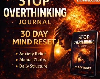 Diario per smettere di pensare troppo (stampabile), agenda di 30 giorni per resettare la mente, quaderno di esercizi per alleviare l'ansia, guida alla chiarezza mentale, download digitale per la crescita personale.