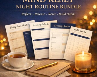 Pacchetto stampabile Night Mind Reset Planner | Routine serale + Schede di riflessione | Monitoraggio delle abitudini + Sistema di reset giornaliero | Miglioramento personale digitale