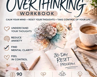 Quaderno di esercizi "Smetti di pensare troppo" stampabile | Diario di 30 giorni per il reset mentale | Agenda per alleviare l'ansia | Quaderno di esercizi di auto-riflessione guidata | Cura di sé