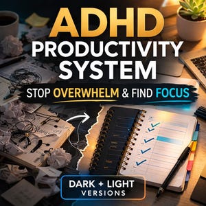 May include: Image showing a productivity system with the text "ADHD PRODUCTIVITY SYSTEM STOP OVERWHELM & FIND FOCUS". A notebook with checkmarks and a pen is open on a desk with other stationery.
