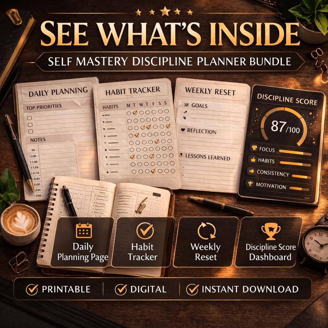 Discipline Planner Self Master Discipline and Focus Planner Bundle| 30 Day Productivity ...