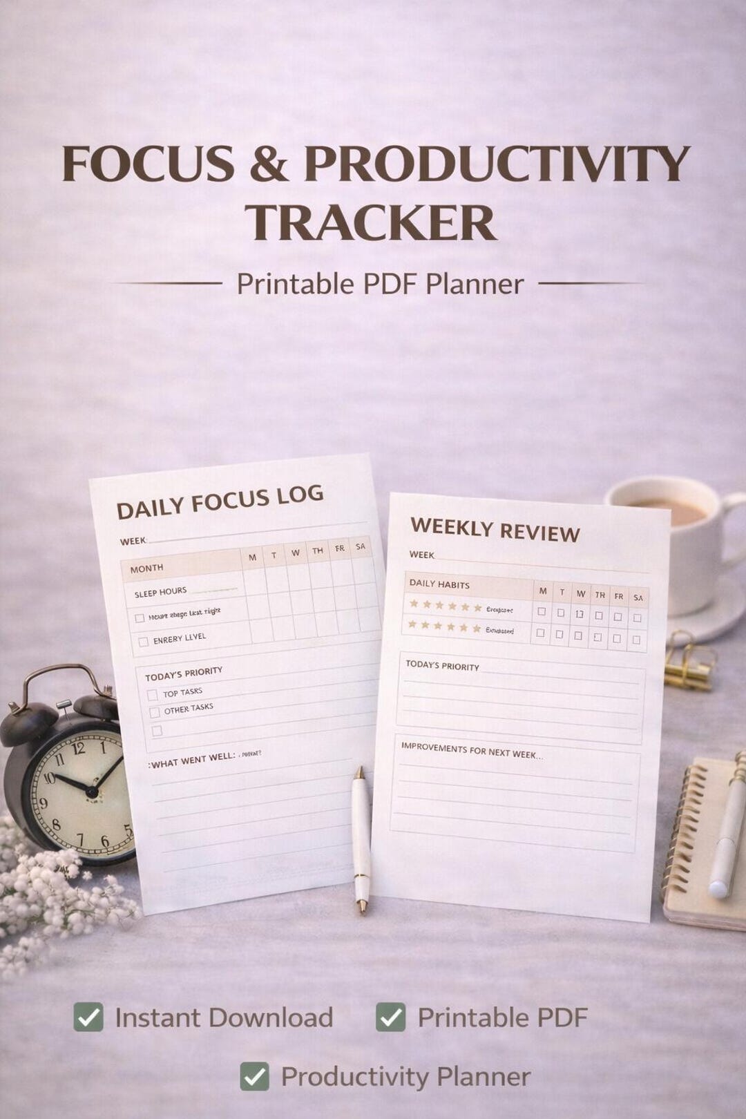Focus & Productivity Tracker Printable | Daily Focus Planner ...
