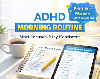 Planner della routine mattutina per l'ADHD stampabile | Tracker dell'ADHD di 30 giorni | Planner della routine giornaliera + concentrazione | Sistema di produttività PDF