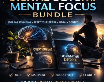 Pacchetto Disintossicazione Digitale e Concentrazione Mentale – Sistema per smettere di pensare troppo | Diario stampabile per il ripristino della dopamina | Agenda per la produttività e la chiarezza