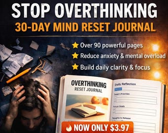 Diario stampabile per smettere di pensare troppo, quaderno di esercizi per calmare la mente, agenda per alleviare ansia e stress, strumento digitale di crescita personale per la disintossicazione mentale di 30 giorni