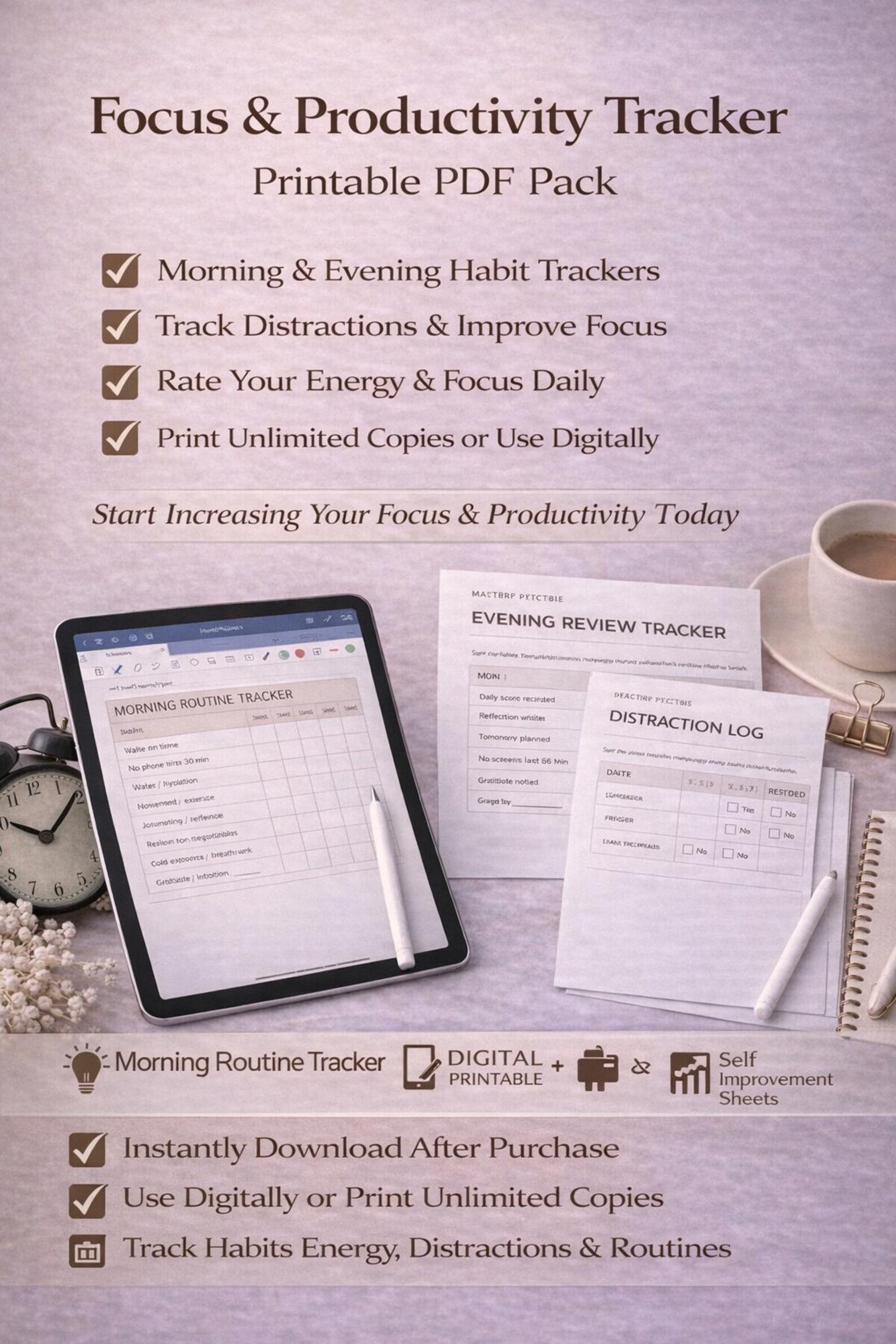 Focus & Productivity Tracker Printable PDF| Daily Focus Planner ...