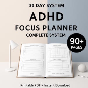 ADHD-planner (printbaar, meer dan 90 pagina's), dagelijks focus- en routinesysteem, productiviteitswerkboek, ondersteuning bij executieve functies, digitale download