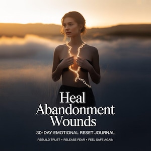 Może przedstawiać: Kobieta stoi na polu ze świecącym łańcuchem wokół klatki piersiowej. Obraz zawiera tekst "Heal Abandonment Wounds" i "30-DAY EMOTIONAL RESET JOURNAL". Tekst zawiera również "REBUILD TRUST • RELEASE FEAR • FEEL SAFE AGAIN".
