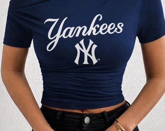 New York Yankees Off-Shoulder Crop Top | Women’s Navy Blue Yankees Shirt | Trendy One Shoulder Baseball Tee | Cute Fitted Game Day Top
