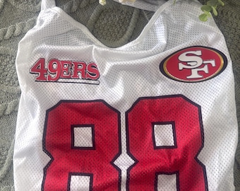 White San Francisco Football Inspired Halter Crop Top | SF Logo & Niners Patch | Women’s Mesh Game Day Jersey Tank | Tailgate Outfit | Fan A