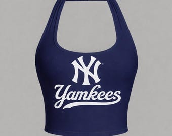 NY Yankees Halter Crop Top – White Logo Baseball Aesthetic Tank, Cute Fitted Summer Top, Game Day Outfit