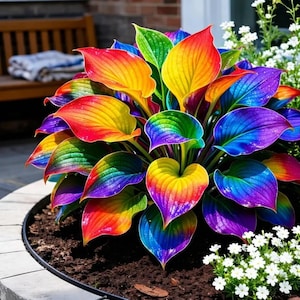 May include: A vibrant hosta plant with large, colorful leaves. The leaves transition through a rainbow of colors, including red, orange, yellow, green, and purple. The plant is surrounded by dark soil and white flowers, creating a striking contrast.