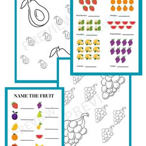 May include: Educational printable worksheets for children. The image shows three pages with fruit-themed activities. One page is titled "Count the Fruit" and another is titled "Name the Fruit". The worksheets feature illustrations of various fruits.