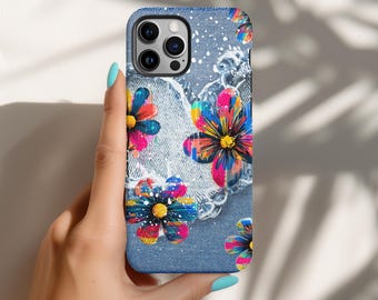 Graffiti Floral Denim Art Phone Case for iPhone, Pop Art Flower Drip Tough Cover