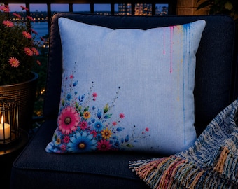 Light Blue Floral Outdoor Pillow, Whimsical Garden Cushion, Urban Balcony Decor