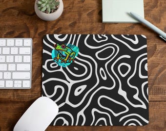 Neon Frog Mouse Pad | Abstract Black White Desk Mat, Office Accessory