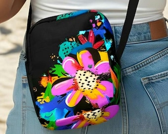 Graffiti Abstract Flower Crossbody Bag, Black Lightweight Utility Sling, Colorful Bold Graffiti Streetwear Accessory