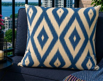 Blue Cream Ikat Outdoor Pillow, Modern Patio Cushion, Balcony Decor