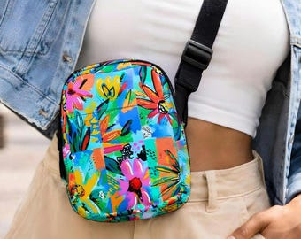 Colorful Floral Lightweight Crossbody Bag, Abstract Art Utility Sling, Graffiti Streetwear Accessory