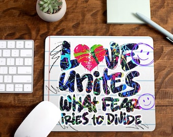 Neon Splatter Love Unites Mouse Pad, Graffiti Inspirational Desk Mat, Creative Workspace Decor