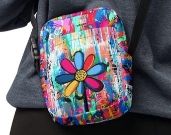 Graffiti Flower Pop Crossbody Bag - Colorful Street Art Lightweight Utility Sling Accessory