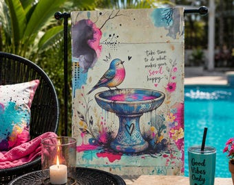 Whimsical Bird Bath Garden Flag, Colorful Soul Happy Banner, Outdoor Patio Decor