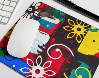 Retro Abstract Floral Mouse Pad | Colorful Color Block Desk Mat, Dorm Decor