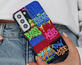 Graffiti Tags Denim Patch Phone Case for Samsung® – Neon Street Art Tough Phone Cover