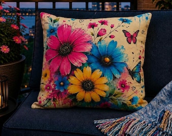 Colorful Outdoor Floral Pillow, Whimsical Patio Cushion, Urban Garden Decor, Daisy Balcony Pillow, Dopamine Outdoor Throw Pillow