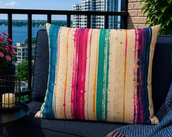 Paint Stripe Outdoor Pillow, Whimsical Patio Cushion, Urban Garden Decor