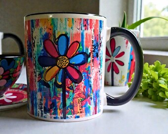 Graffiti Flower Pop Art Mug – Colorful Ceramic Coffee Cup (11 oz)