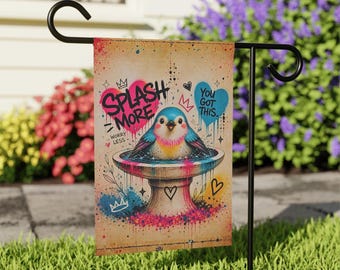 Cute Bird Bath Garden Flag, Colorful Urban Spring Outdoor Decor