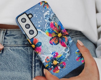 Graffiti Floral Denim Effect Phone Case for Samsung, Pop Art Paint Drip Cover, Dual Layer Protection