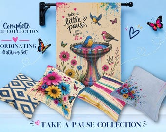 Take a Pause Collection: Bird Bath Garden Flag, Outdoor Pillows, Patio Decor