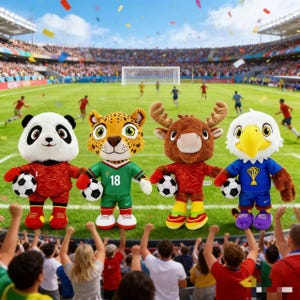 Könnte beinhalten: Vier Plüschtier-Maskottchen stehen auf einem Fußballfeld und halten jeweils einen schwarz-weißen Fußball. Der Panda trägt ein rotes Trikot, der Leopard ein grünes Trikot mit der Nummer 18, der Elch ein rotes Trikot und der Adler ein blaues Trikot.